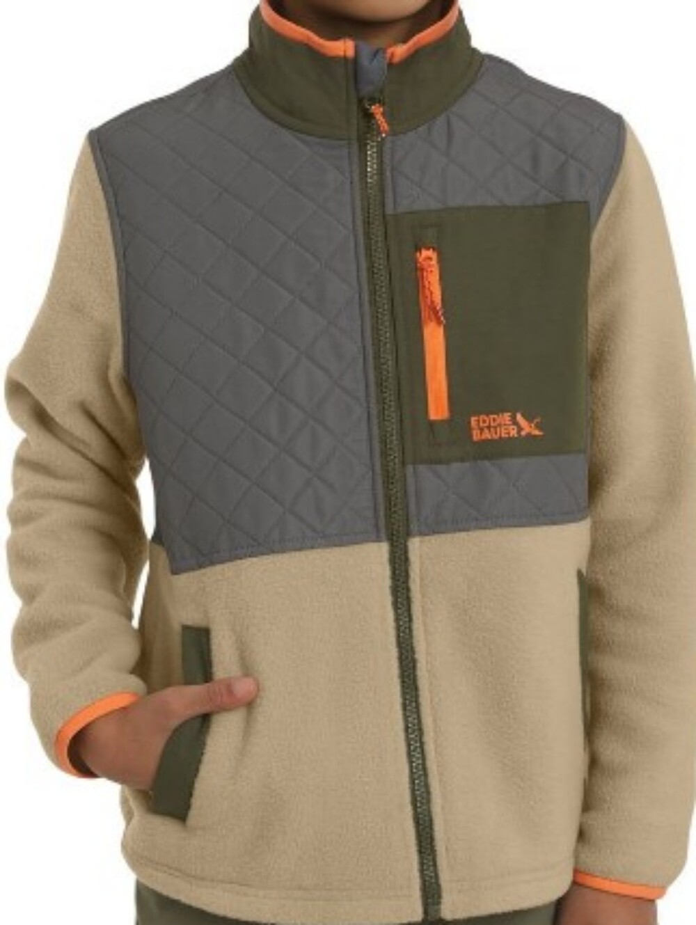 KIDS Eddie Bauer Kids Fleece Jacket in Tan Olive Gray w/ Orange Trim Size XL NEW